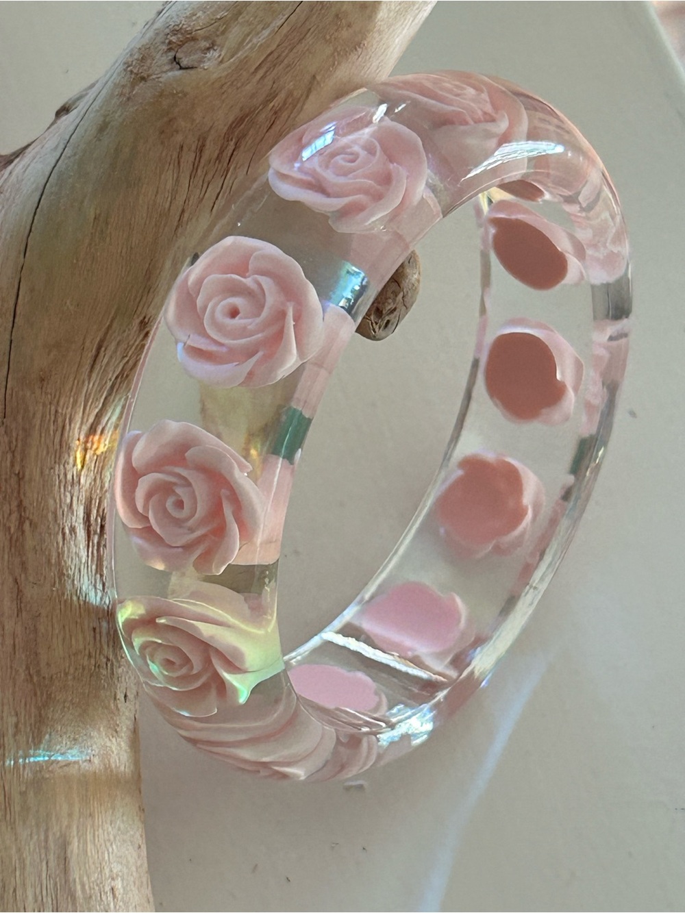 Clear Resin Bangle with Pink Rose Inlays